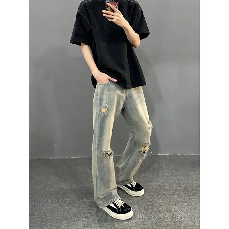 High Street Washed Ripped Jeans Men's Summer Thin Pants Slim-fitting And Thin High-waisted Straight-leg Slightly Pulled Trousers