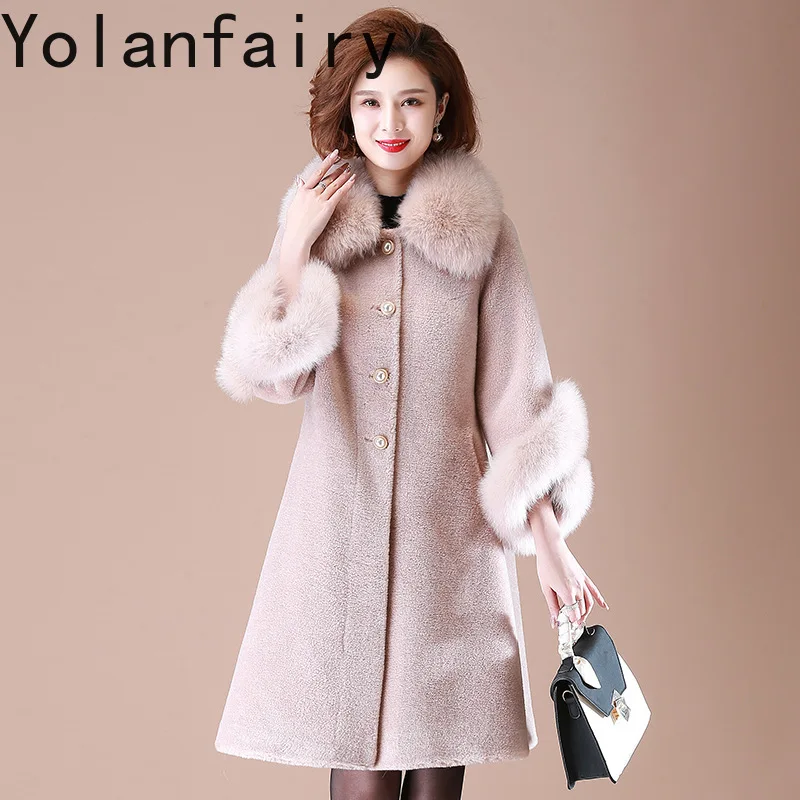 YOLANFAIRY-abrigo de piel auténtica para mujer, ropa de invierno, abrigos largos con cuello de piel de zorro, 100% Lana, novedad