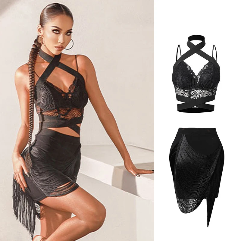 Disfraz de baile latino para mujer, Tops de encaje negro, falda con flecos, ropa de práctica, ropa de actuación Cha Samba, vestido Sexy 2022