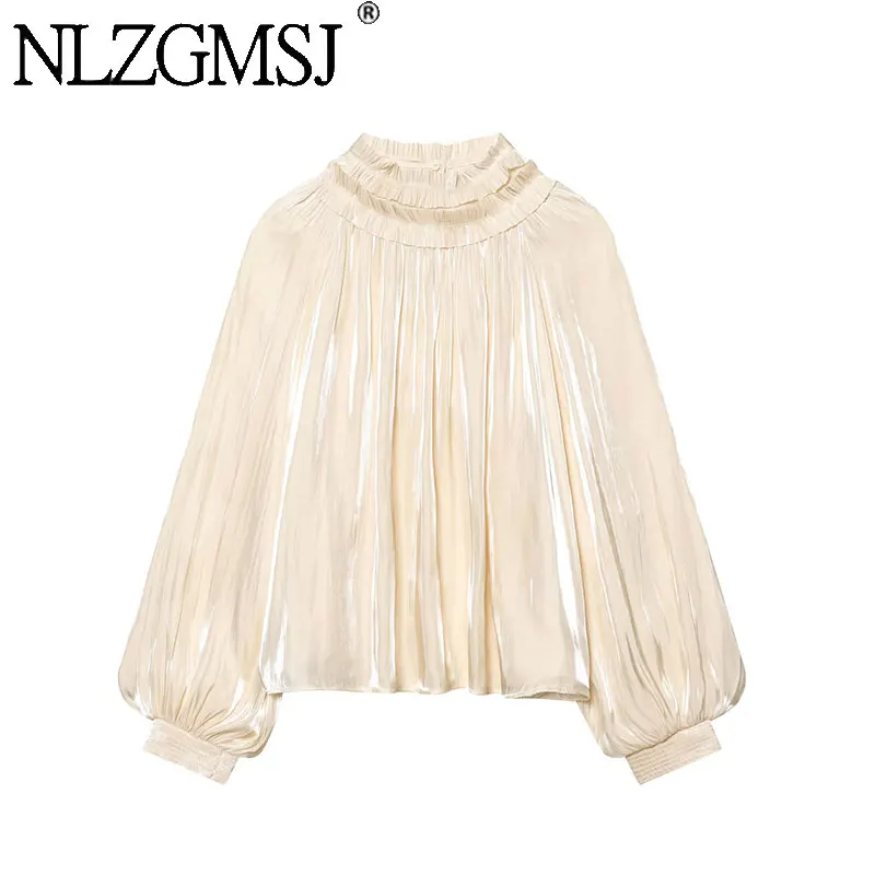 

NLZGMSJ Women Shiny satin Blouse 2026 Spring Summer Lantern Sleeve Stand Collar Loose Shirt Female Casual TopY2K