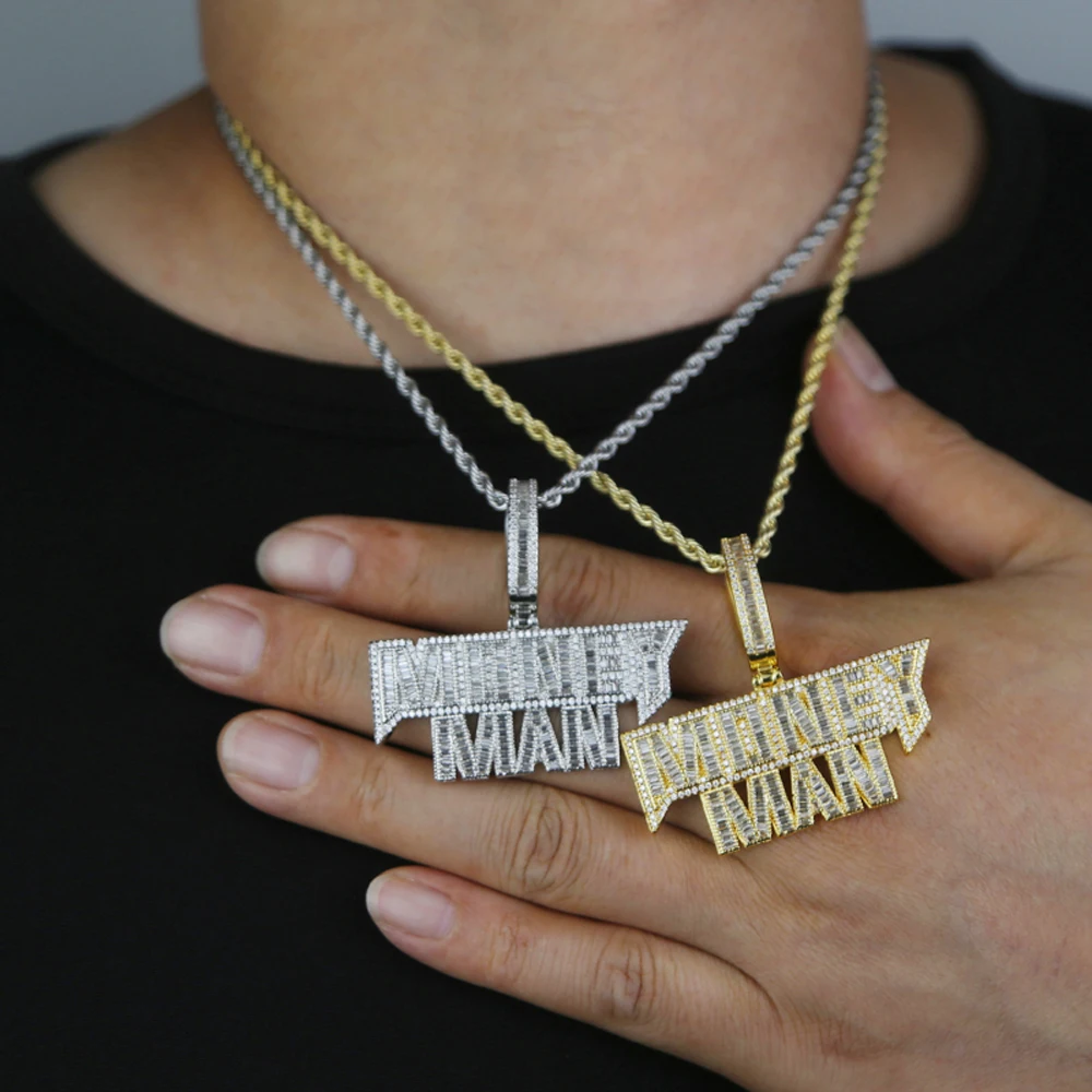 Iced Out Bling Letters Money Man Подвеска Ожерелье Золото Серебро Цвет Прямоугольник CZ Циркон Очарование Мужчины Женщины Хип-Хоп Ювелирные Изделия