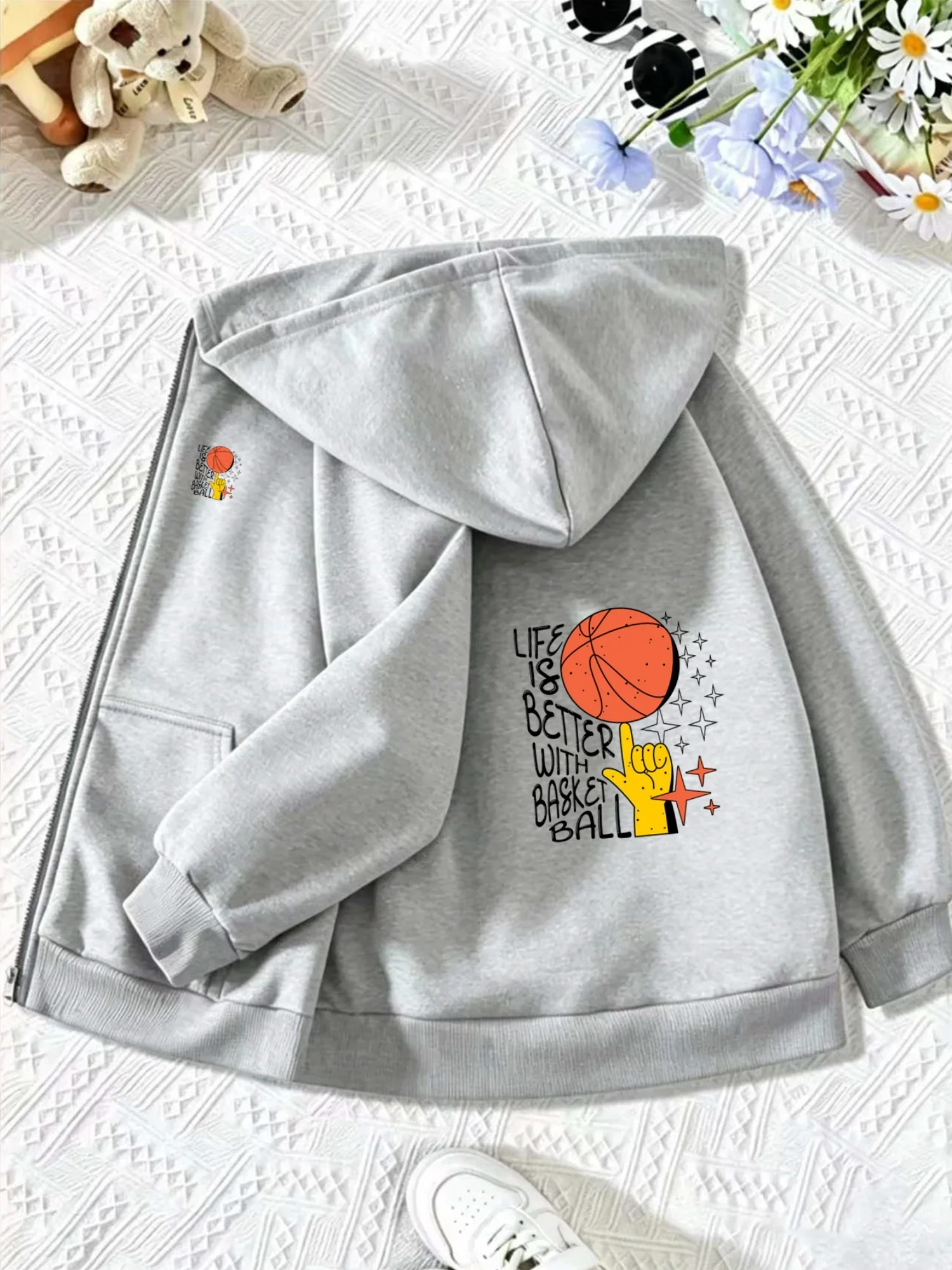 Kids Zip Up Hooded Jacket Life Is Better With Basketball Star Hand Graphic Long Sleeve Casual Outerwear For Boys Girls