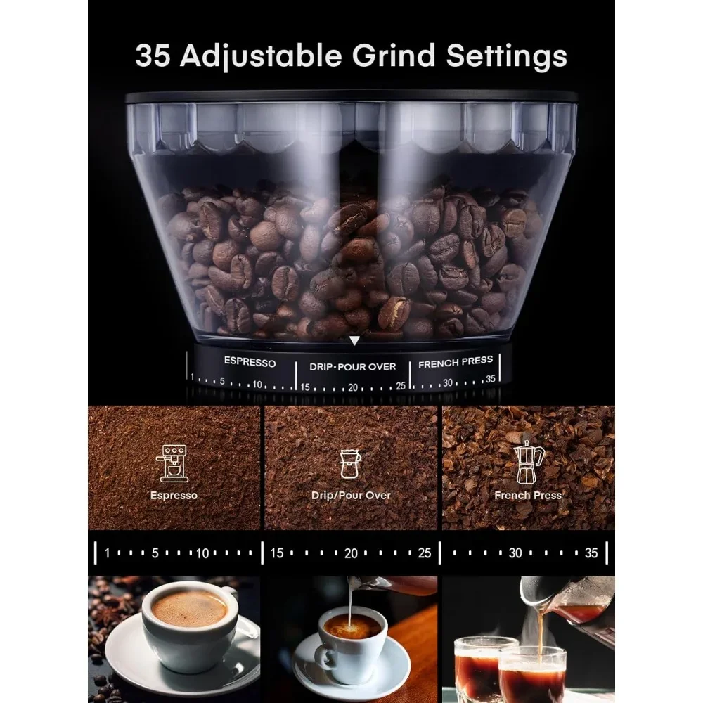 Coffee Grinder, Anti-static Conical Burr Coffee Grinder W/ 35 Precise Grind Setting, 2-12 Cup Select Timer, Coffee Bean Grinder