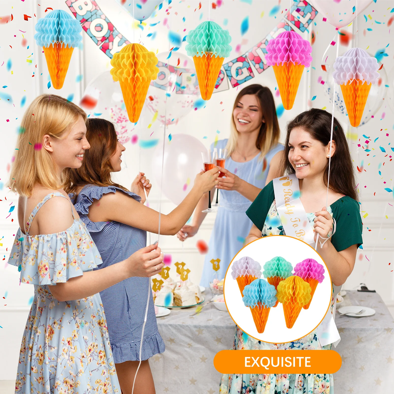 

5pcs Ice Cream Honeycomb Ball Hanging Decorations Flat Packed Ready To Unfold String Attached For Party Wedding Office Home