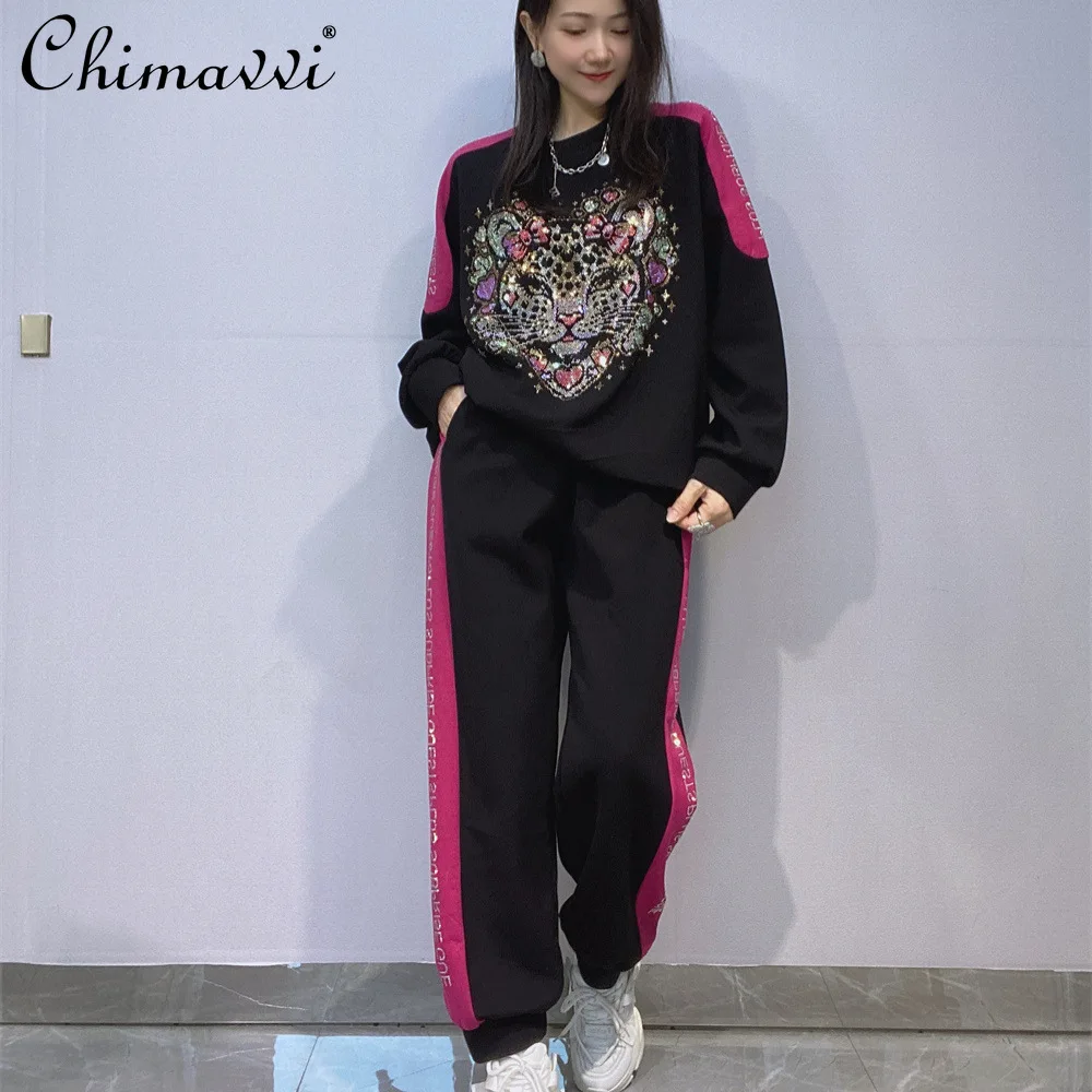 

Fashion Oversized Long Pants Set Autumn Heavy Rhinestone Long Sleeve Top Elastic Waist Long Pants Sportswear Women Two-Piece Set