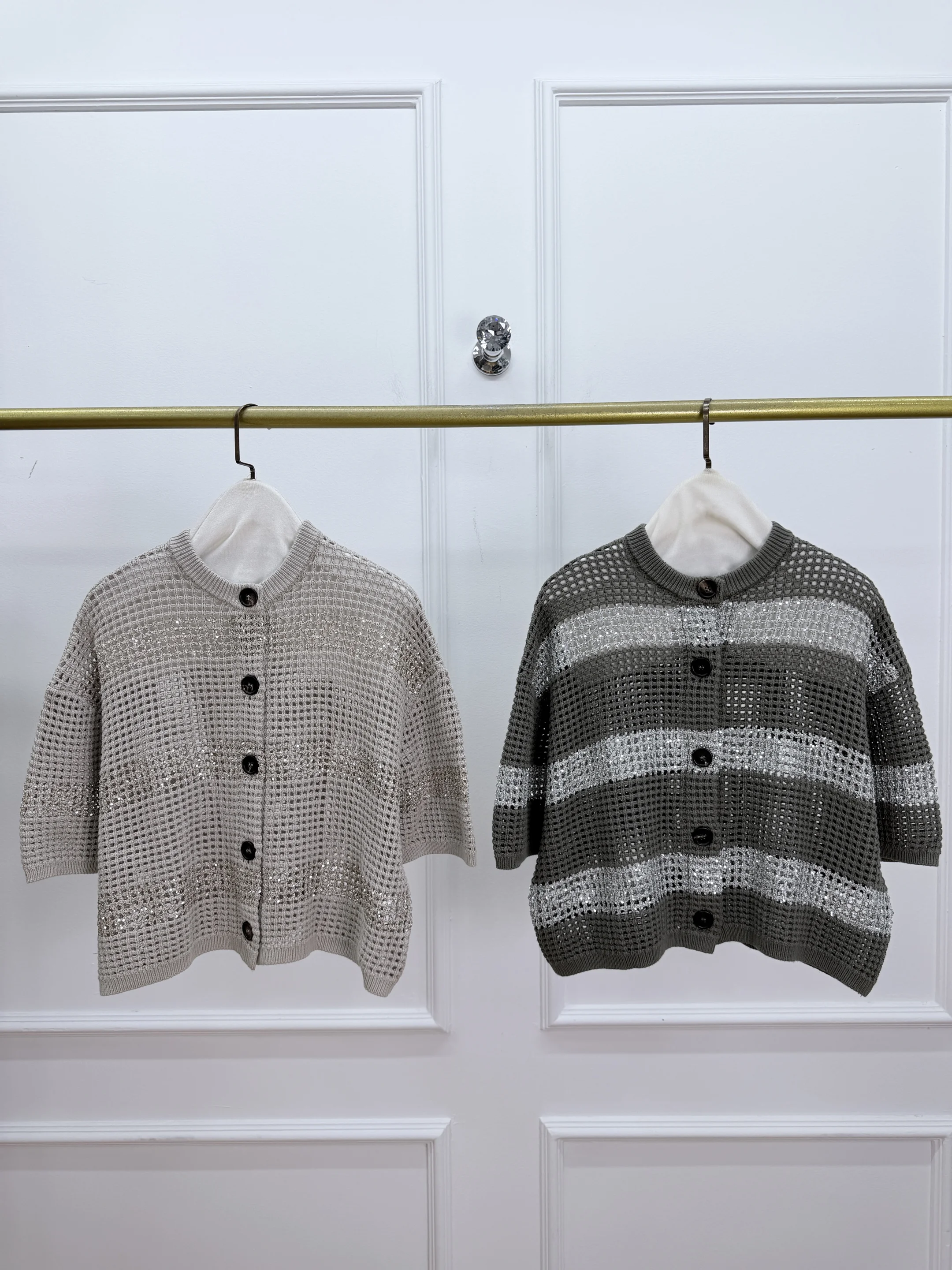 2026 New Arrival: Women'S Striped, Sequin-Embellished, Open-Knit Mesh Cardigan & Short-Sleeve Top