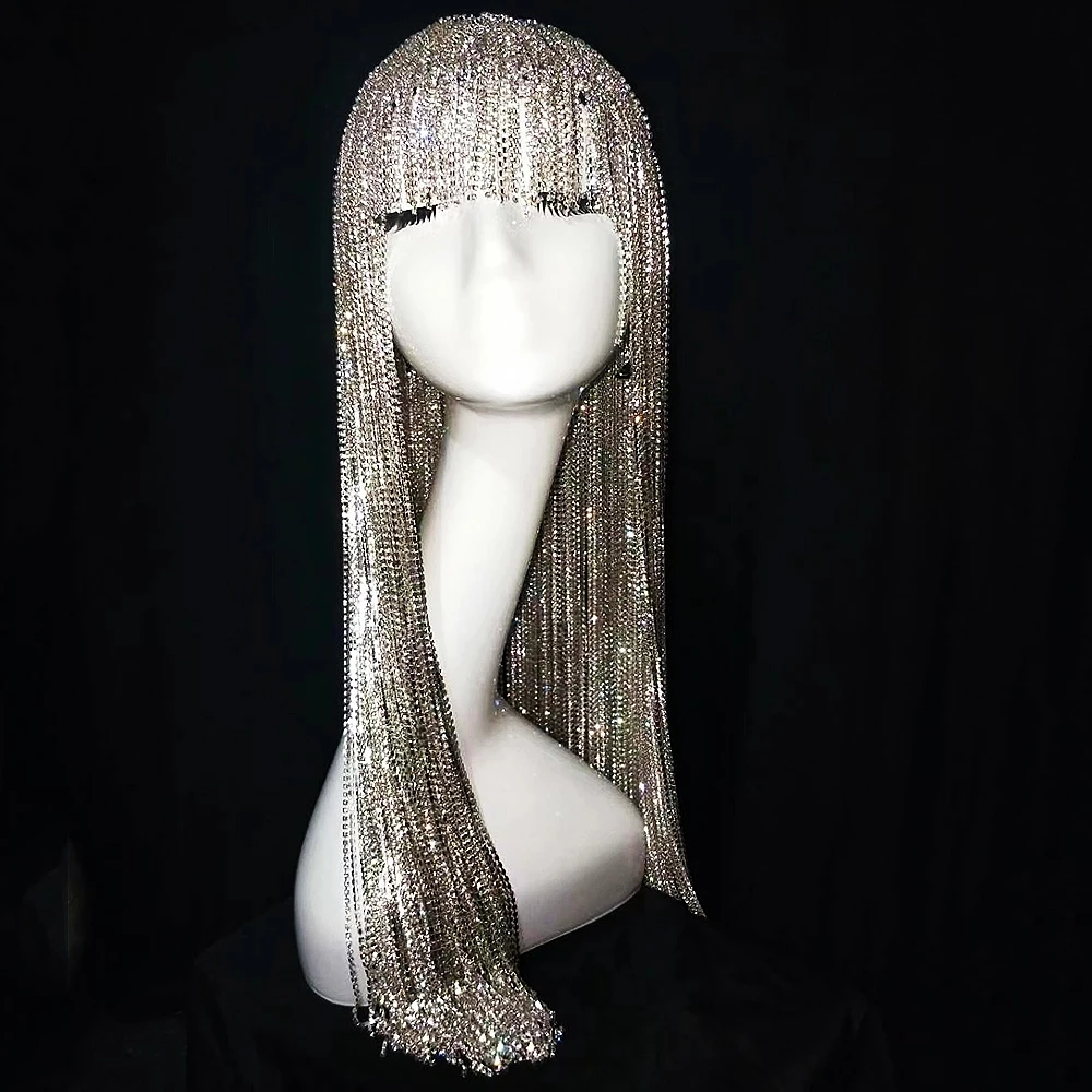 Bar Ds Dj Female Singer Dance Silver Rhinestone Chain Wig Headdress Headgear Flashing Diamond Rave Costume Accessories DT2945