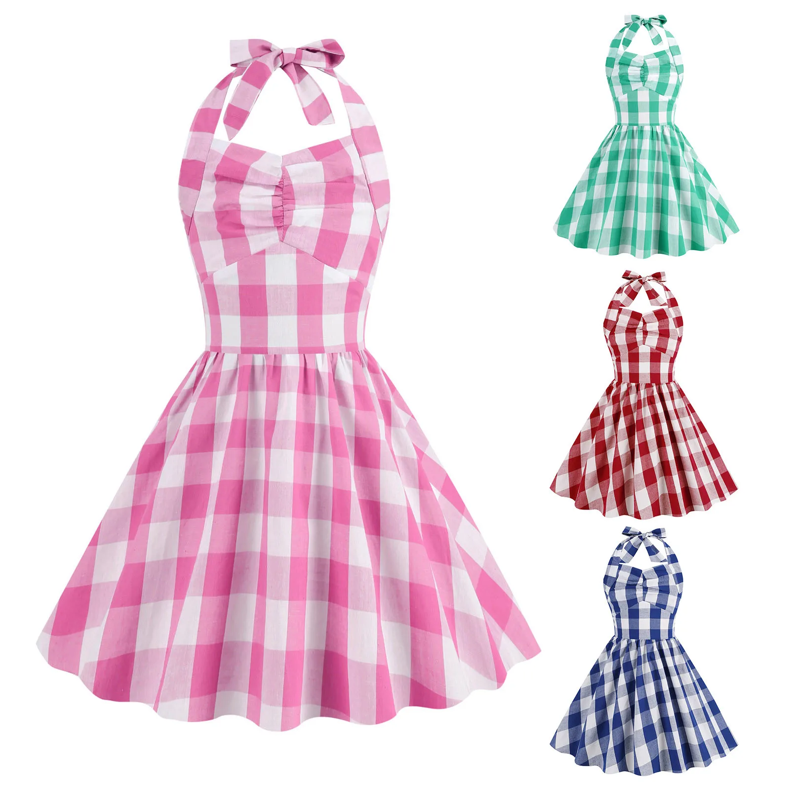 Vintage Kids Girl Plaid Swing Dress Elegant Summer Sleeveless Halter 50s Vestidos Midi Swing Pink Carnival Party For Child 3-10Y