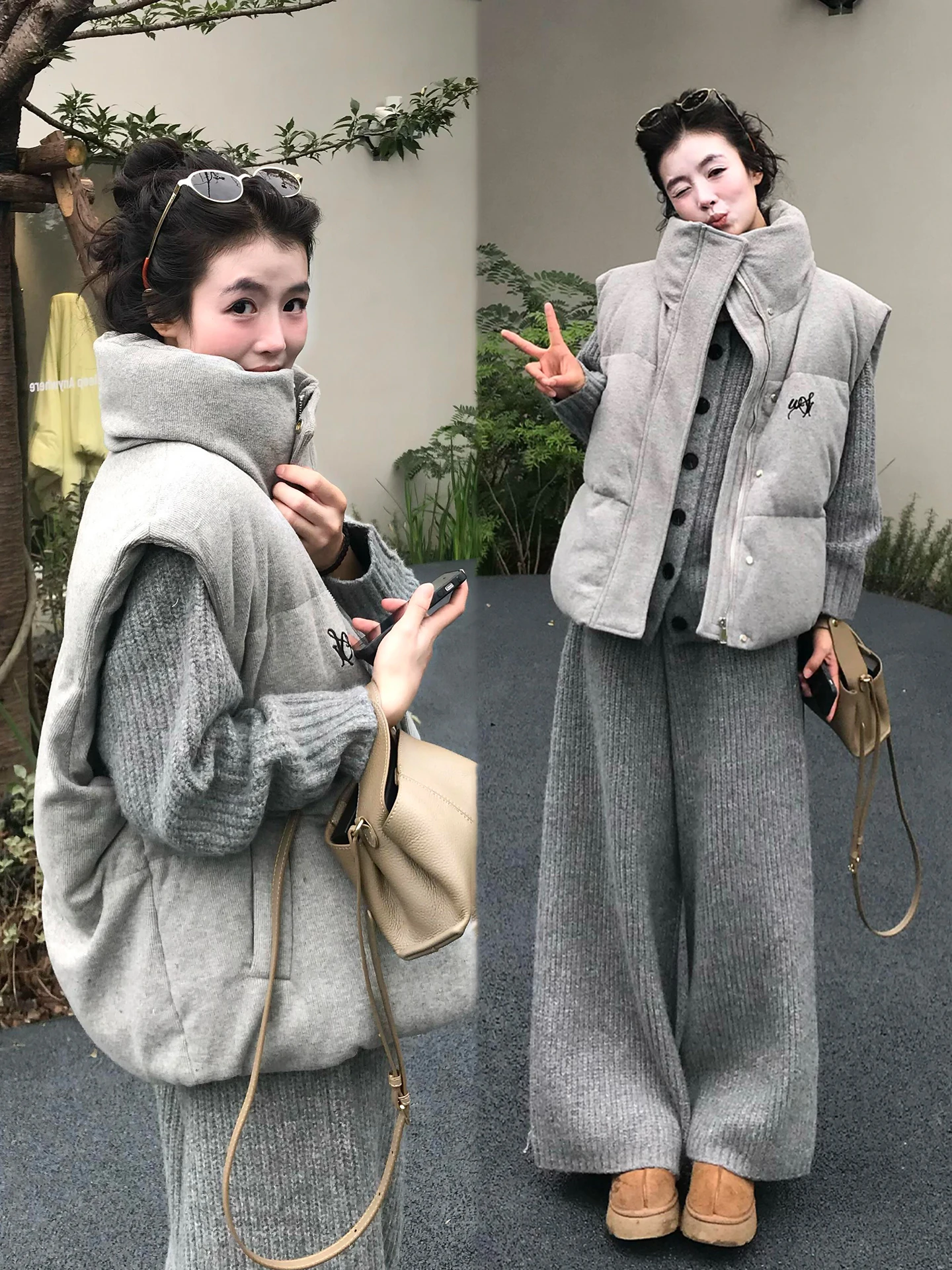 

Комплект для женщин: вязаный кардиган свободного кроя, хлопковый жилет, брюки с высокой талией. Уютный, теплый, повседневный зимний наряд.