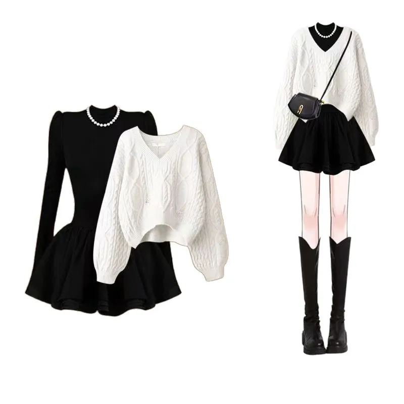 Frühling und Herbst Neue Koreanische Version Einfache und Vielseitige V-ausschnitt Pullover Schlankheits Kleid Zwei-stück Set