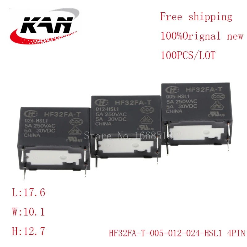 

Free shipping 100pcs relay HF32FA-T-005-HSL1 HF32FA-T-012-HSL1 HF32FA-T-024-HSL1 5VDC 12VDC 24VDC 5A 250VAC 4PIN Original New