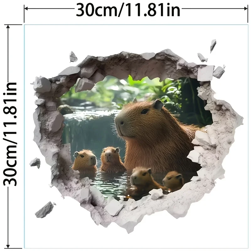 Broken‑Wall Capybara Wall Sticker Size 30x30cm Realistic Broken‑Wall Effect Several Cute Dull‑Witted Capybaras Soaking In Stream