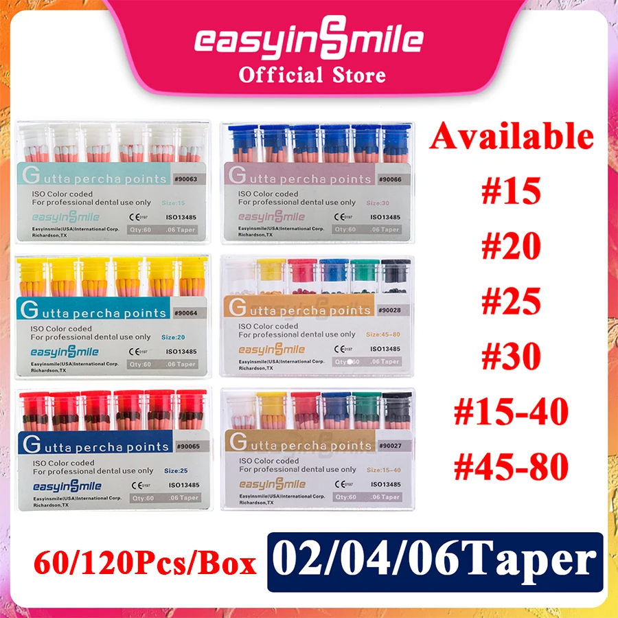 

Easyinsmile Gutta Percha Points for Dental Root Canal Endodontic Treatment All Size .02/.04/.06 Taper 60/120Pcs/Box