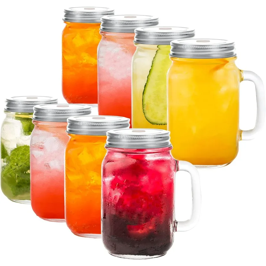 

Банка Мейсон с ручкой и крышкой с соломенным отверстием - Банки Мейсон для напитков, напитков, ликеров, сока или воды - 3 дюйма Ш x 5,5 дюйма В - 12 унций -