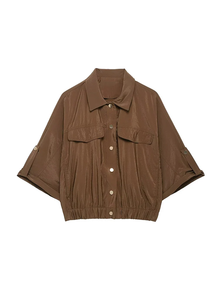 

KUCLUT Women Fashion With Pockets Brown Single Breasted Blouse Vintage Lapel Neck Short Sleeves Female Chic Lady Shirts