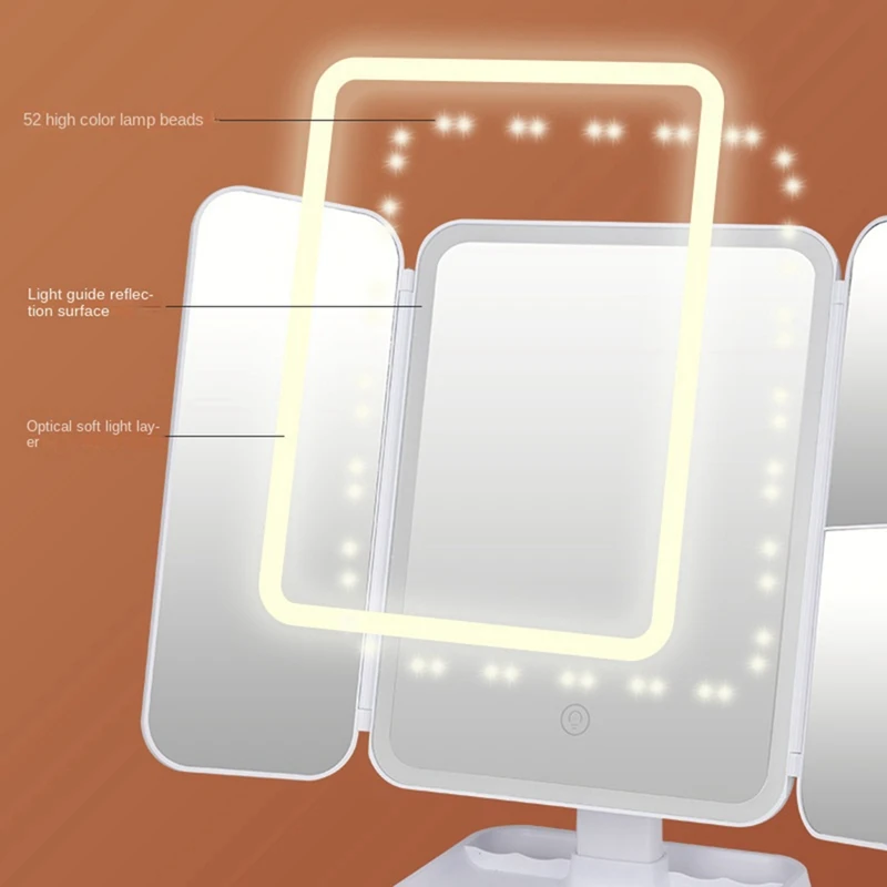 Specchio per il trucco a tre pieghe specchio per il trucco del dormitorio con luce a LED specchio per il trucco intelligente specchio con luce di riempimento bianco