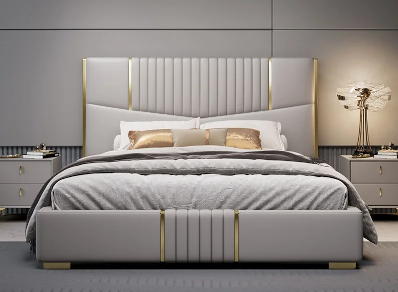 ！@Luxury Modern King Size Metal Bed Stainless Steel Frame Imitation Leather Comfortable Wooden Design Home Adjustable Upholstery