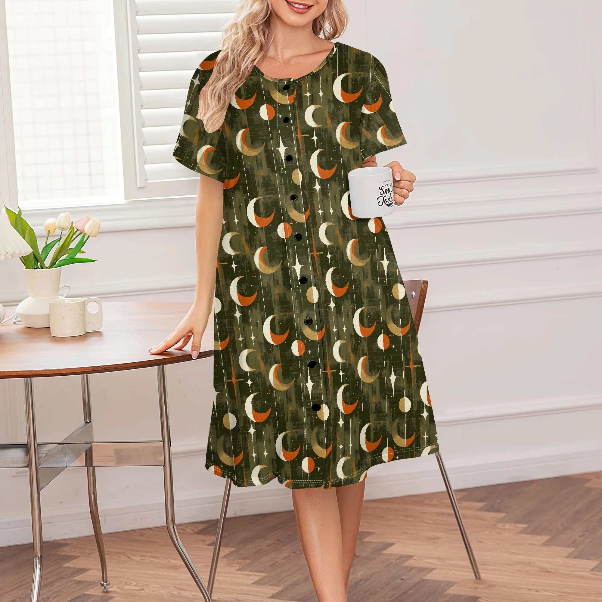 

Comfortable House Dress for Women, Moon Star Print, Button Front, S-3XL Casual Home