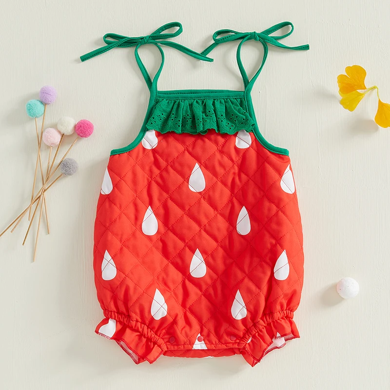 Baby Girls Halloween Fruit Costume Tie up Straps Strawberry Jumpsuit for Toddler Cosplay Party Holiday Outfit