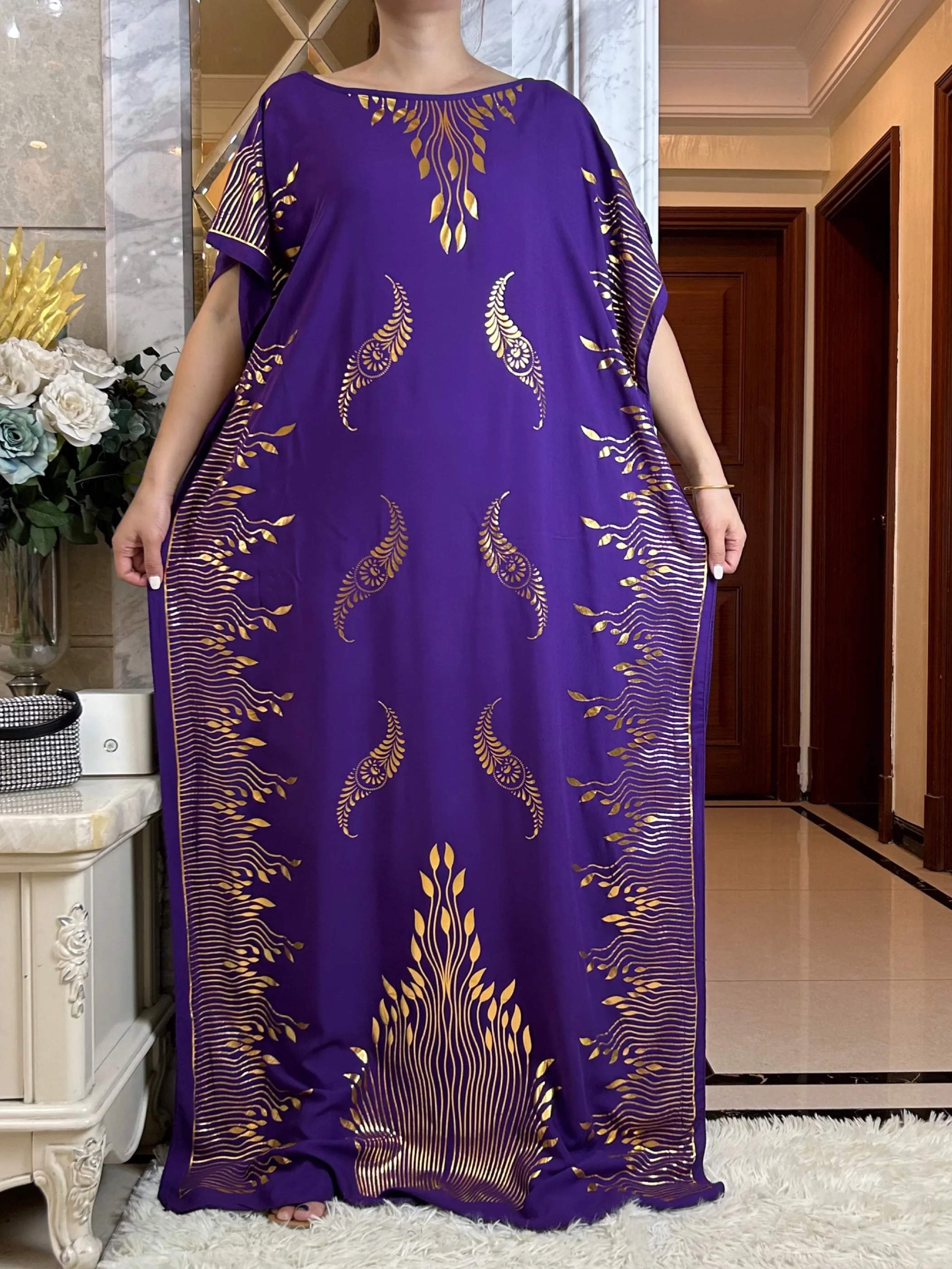 Vestido de manga corta de verano 2024, vestido Abaya holgado con estampado dorado de algodón puro, Maxi vestido Islam con borlas, bufanda grande,