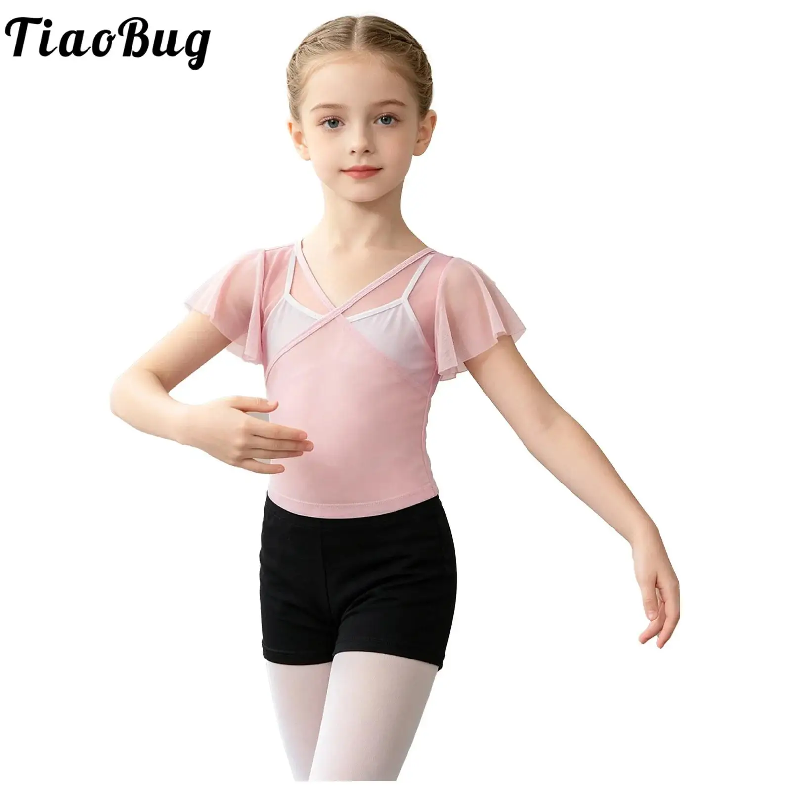 Children Girls Classical Ballet Dance Tops Short Sleeve V-neck Sheer Mesh Top Dancing Classes Yoga Training Warm Up Clothing