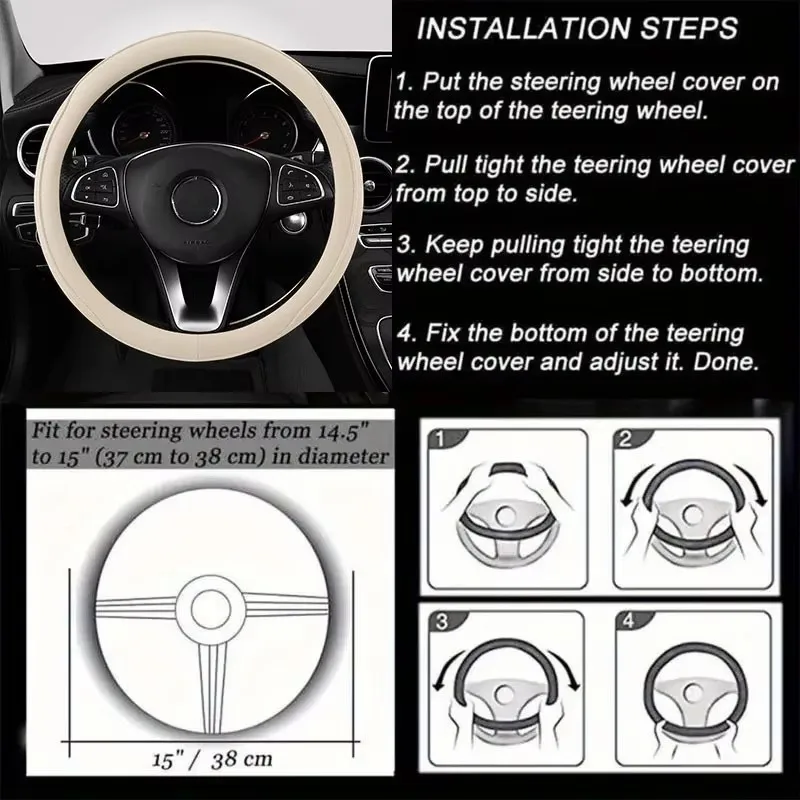 PU Leather Perforated Steering Wheel Cover Durable Leather Cover with Anti-Slip Lining, Fits 14.5-15in Diameter