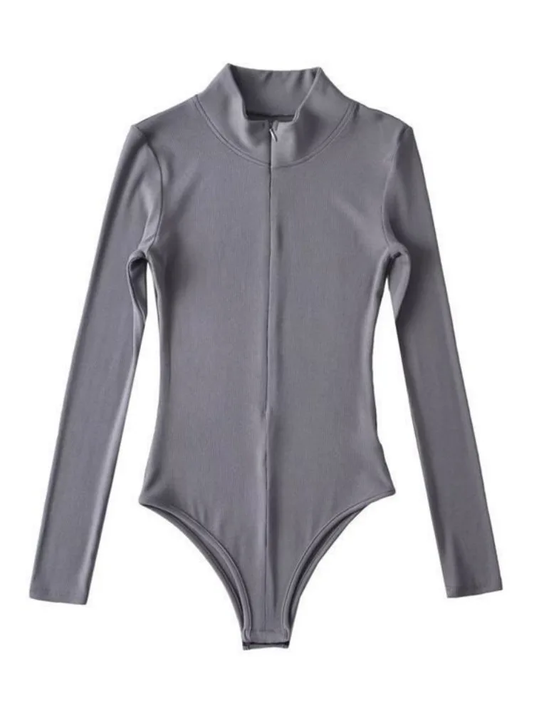 جمبسوت نسائي لربيع وخريف 2025 بدلة نسائية بقصة ضيقة وياقة ثابتة وتصميم بسحاب بلون سادة وأكمام طويلة طبقات علوية