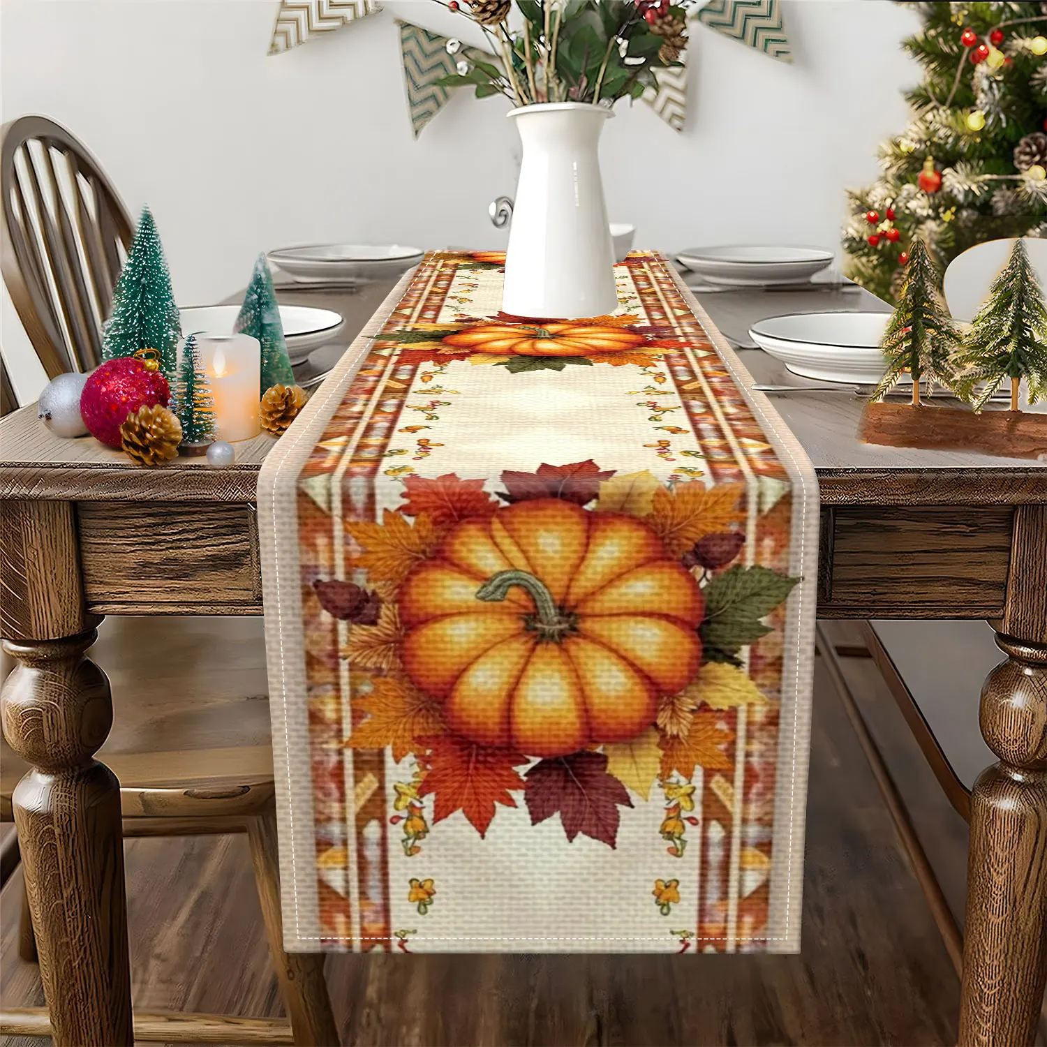 1 Piece of Autumn Plaid Pumpkin Butterfly Table Runner, Decorated with Pumpkins and Maple Leaves, Suitable for Autumn and Thanksgiving Decorations
