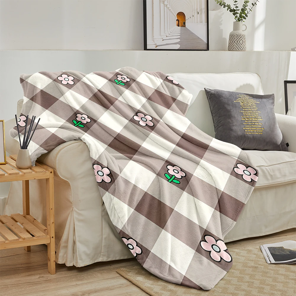 Brown Gingham Pink Flowers Flannel Fleece Throw Blanket for Couch Sofa Lightweight Cozy Plush Blanket for Travel Office Nap