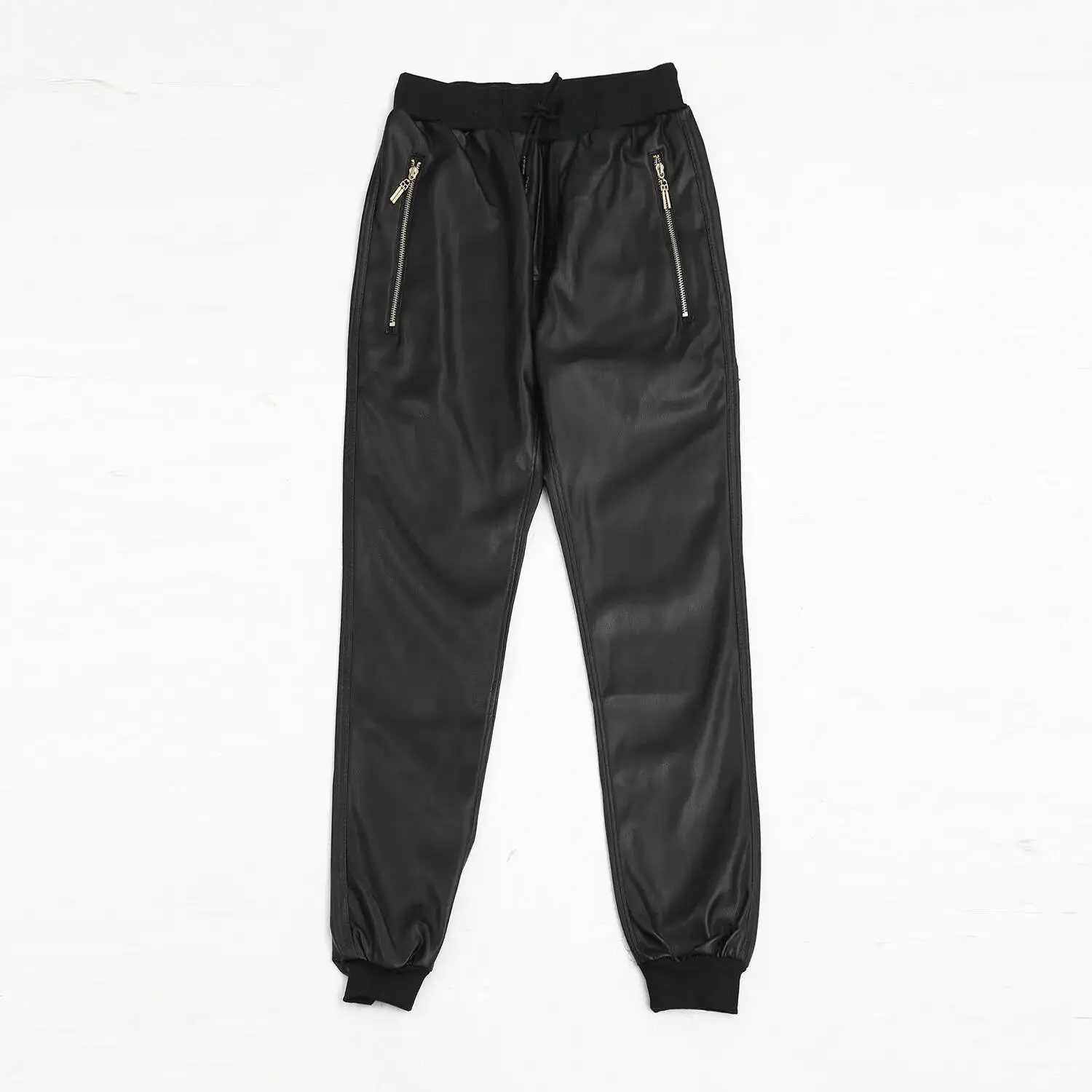 #2209 Autumn Winter Motorcycle Jogger Pants Casual Pencil Harem Faux Leather Pants Men Zipper Elastic Waist Stretch PU Pants