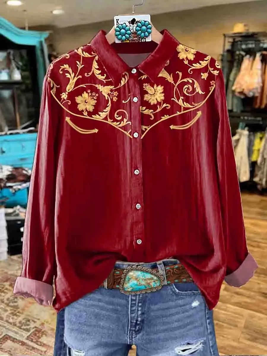 

Женская модная рубашка с длинным рукавом с цветочным принтом в западном стиле, повседневные обычные топы, рубашки на пуговицах, базовая рубашка для женщин