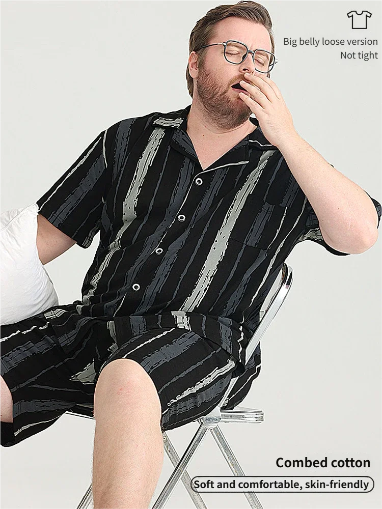 Pure Cotton Pajamas for Men, Plus Size, Summer Short-Sleeved Shorts, Home Wear, 100% Cotton, Breathable, Loose Fit, Extra Large Size 150kg