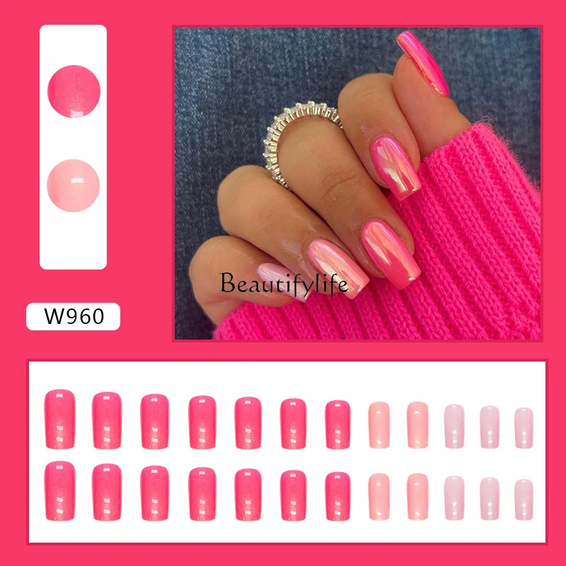 Medium and long Aurora pink rose red wearing armor European and American spice girls fake nails 24 pieces