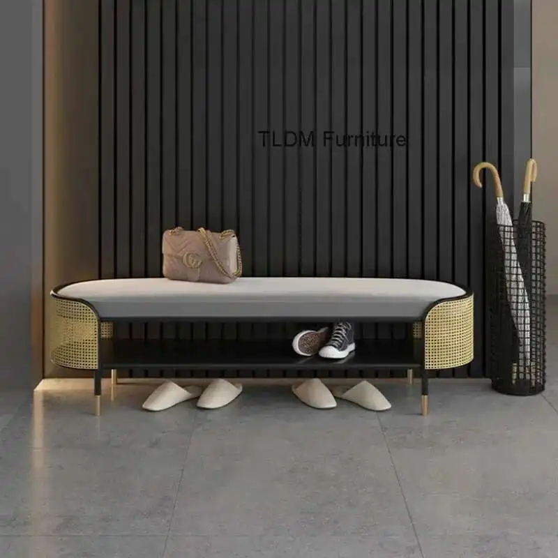 

Modern Simple Ottoman for Entrance Hall Long Hollow with Cushion Stools Light Luxury Metal Household Hallway Ottoman for Hotel H