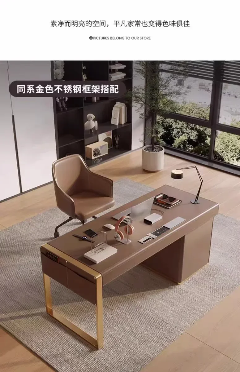 Italian saddle leather desk simple home study desk bedroom designer computer deskpara casa