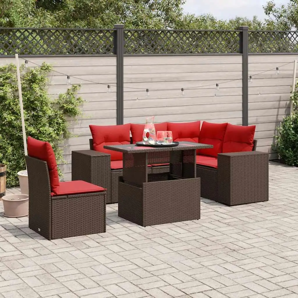 

6 Piece Rattan Patio Sofa Set with Cushions Outdoor Furniture Brown Wicker Seating Set Garden Lounge Chair