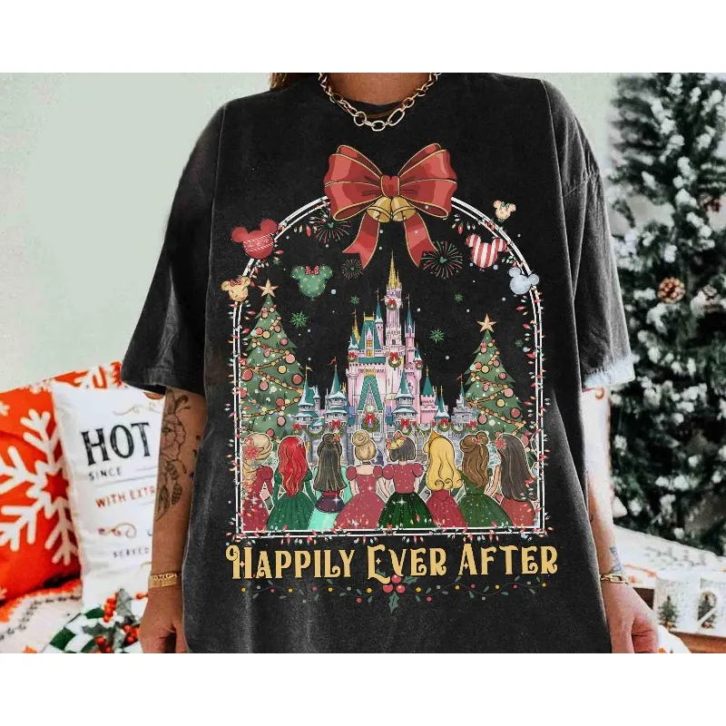 تي شيرت Disney Princess Happily Ever After Christmas Balloon Shirt Magic Kingdom Magic Castle Christmas تي شيرت قطني للجنسين ملابس الشارع #1