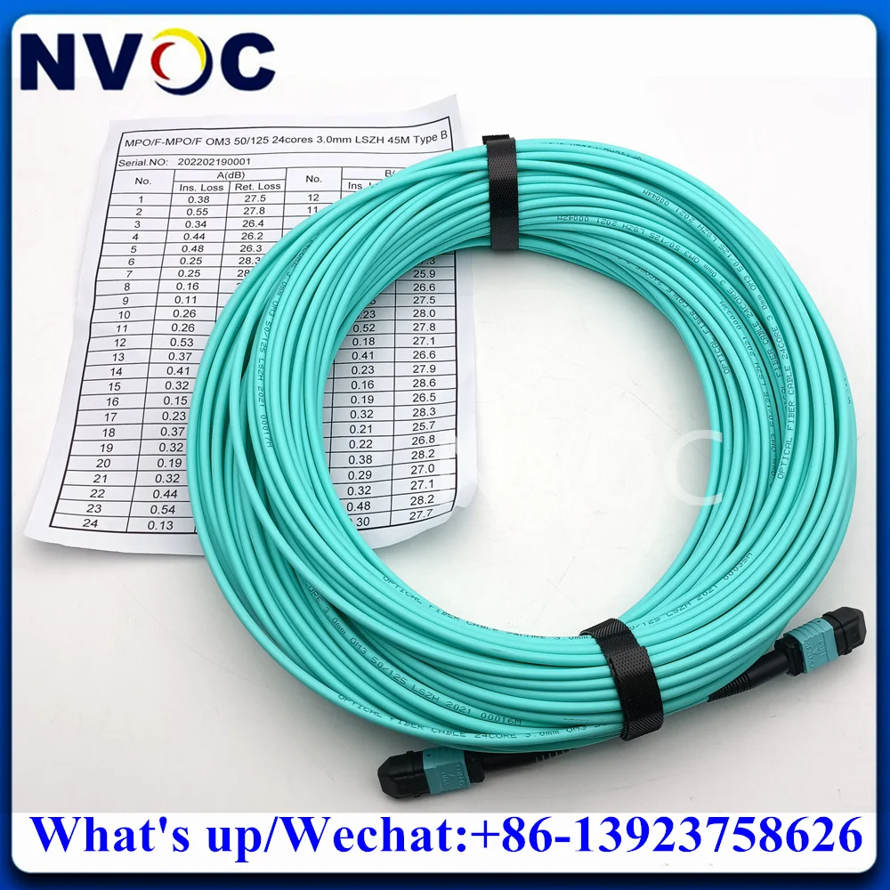 24core,45M(135ft),50/125,OM4 MPO Female to MPO(F) Female Fiber Optic Patch Cord,B Type,3.0mm Mini LSZH Round Cable,Standard Loss