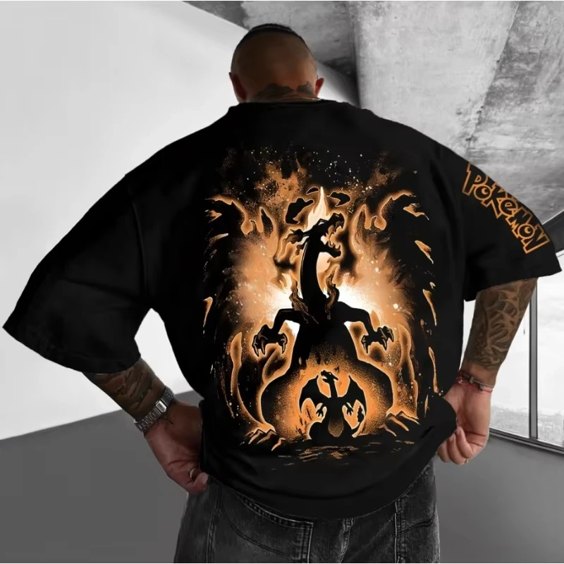 포켓몬 2025 여름 남성 코튼 티셔츠 슈퍼 루즈 애니메이션 Charizard 프린트 스트리트 트렌드 캐주얼 통기성 루즈핏 탑