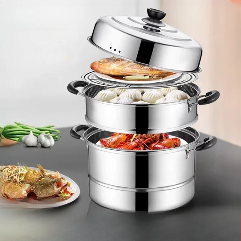 

304 Stainless Steel Multi Tier Stackable Food Steamer Large Capacity Induction Ready Glass Lid Home Use Olla De Vapor Panela