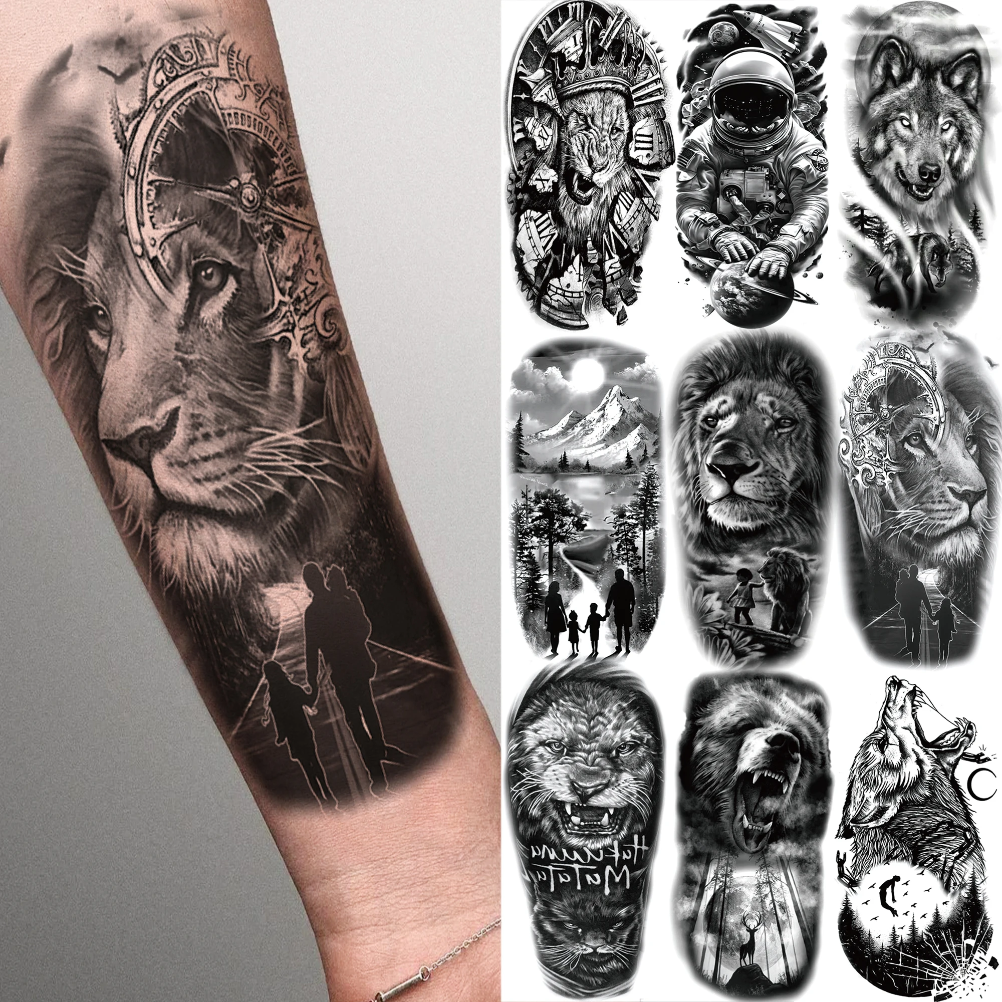 1 Sheet Lion Astronaut Compass Fake Wolf Temporary Tattoos For Men Women Adults Waterproof TempTattoo Black Transferable