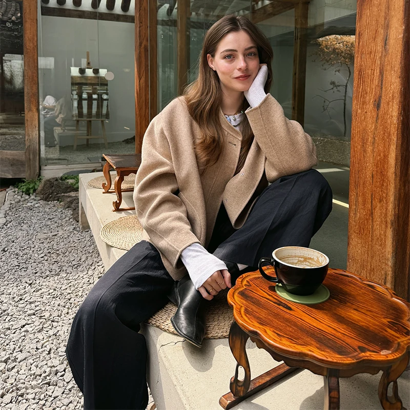 

Женское шерстяное пальто, короткая повседневная куртка с воротником-стойкой, однобортное пальто, 2025 г., женские зимние пальто, теплая новая верхняя одежда