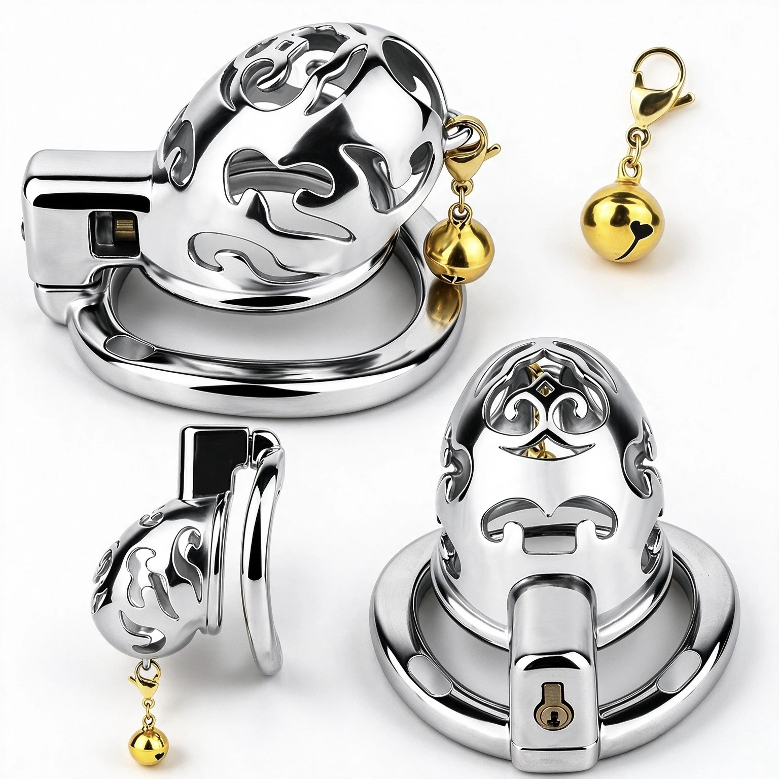ORALSX YunLing Lock Cock Stainless Steel Hollow Chastity Cage Aluminum Alloy Curve Penis Ring Bell Safe BDSM Adult Sex Toys