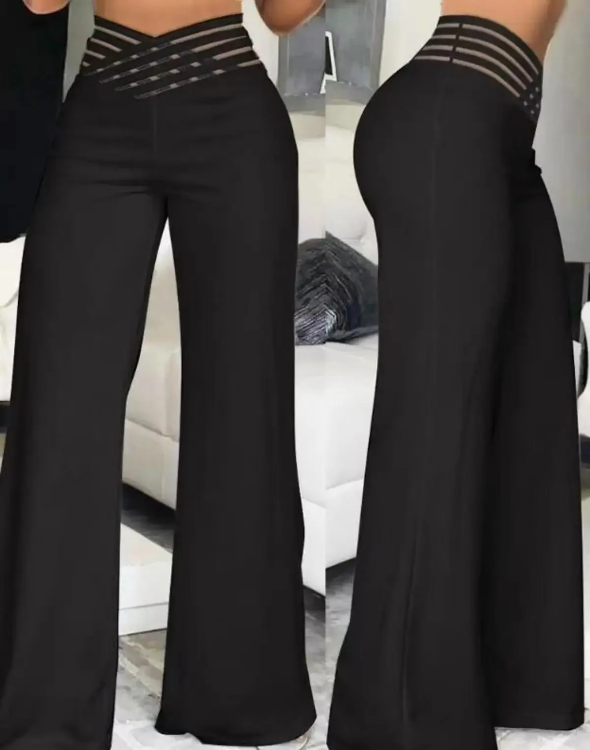 Pantalones acampanados de pierna ancha para mujer, pantalón informal entrecruzado con parche de malla transparente, pantalones de cintura alta, ropa de calle Y2k, pantalón de trabajo elegante, otoño