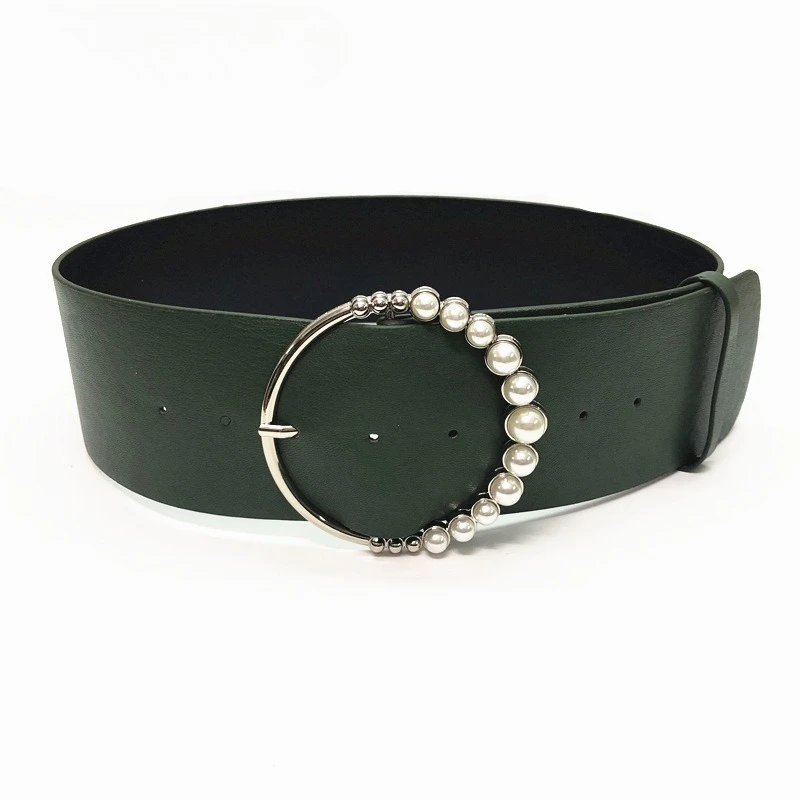 

Green Wide Waist Belt Women Pearl Round Buckle Pu Leather Waist Belts Casual Solid Ladies Belt for Dress 90cm Coffee Sliver Red