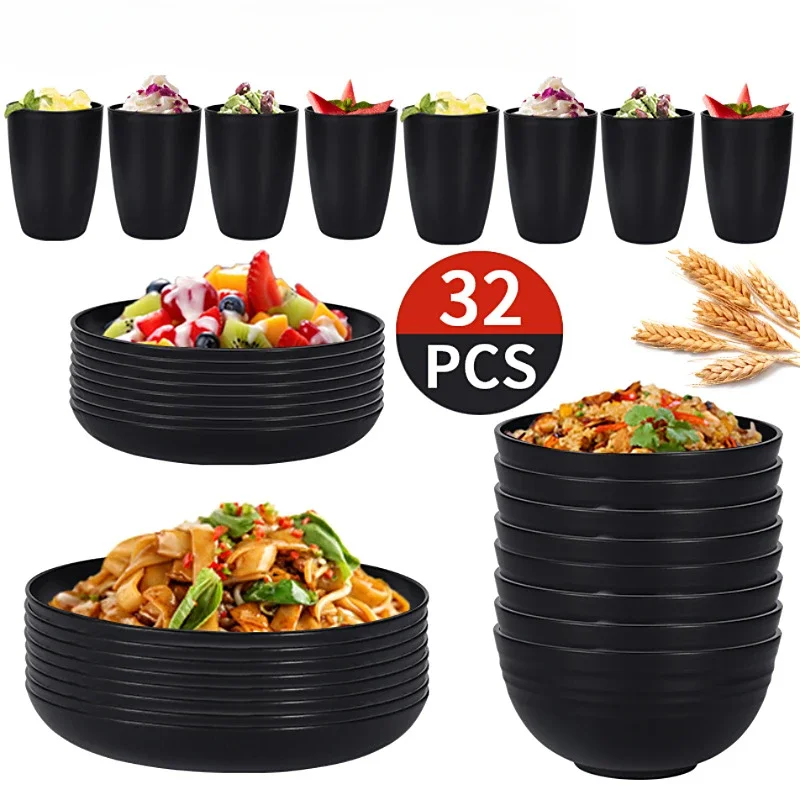 12/16 PCS Wheat Straw Bowl Plate Cup Set Household 8 People Black Tableware Set Outdoor Picnic Camping Portable Cultery Set