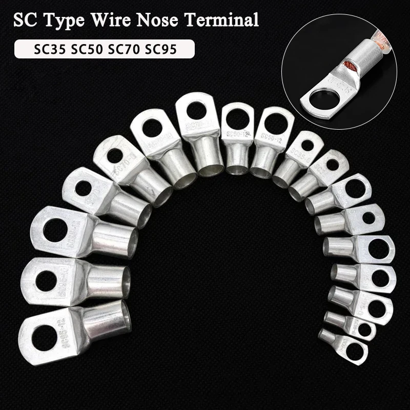 1~50Pcs SC Type Wire Nose Terminal SC35 SC50 SC70 SC95 Bare Copper Battery Block Lugs Hole ID 6 8 10 12mm Crimp Wire Connectors