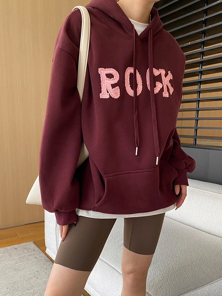 BZVW Hooded Design Embroidery Thick Warm Sweatshirt Women's Long Sleeve Office Lady Loose Tops 2024 Winter New 26C1426