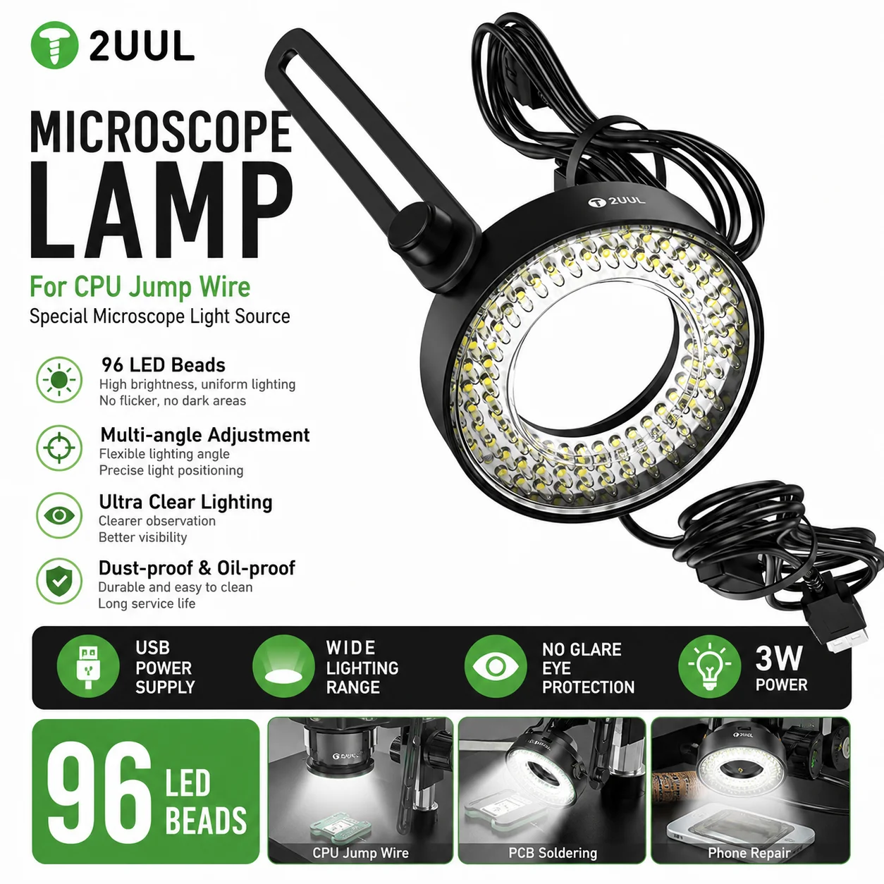 2UUL MS96 96LED Microscope Ring Light Polarized AntiGlare Illuminator Adjustable Brightness Lamp for PCB Soldering Repair Camera