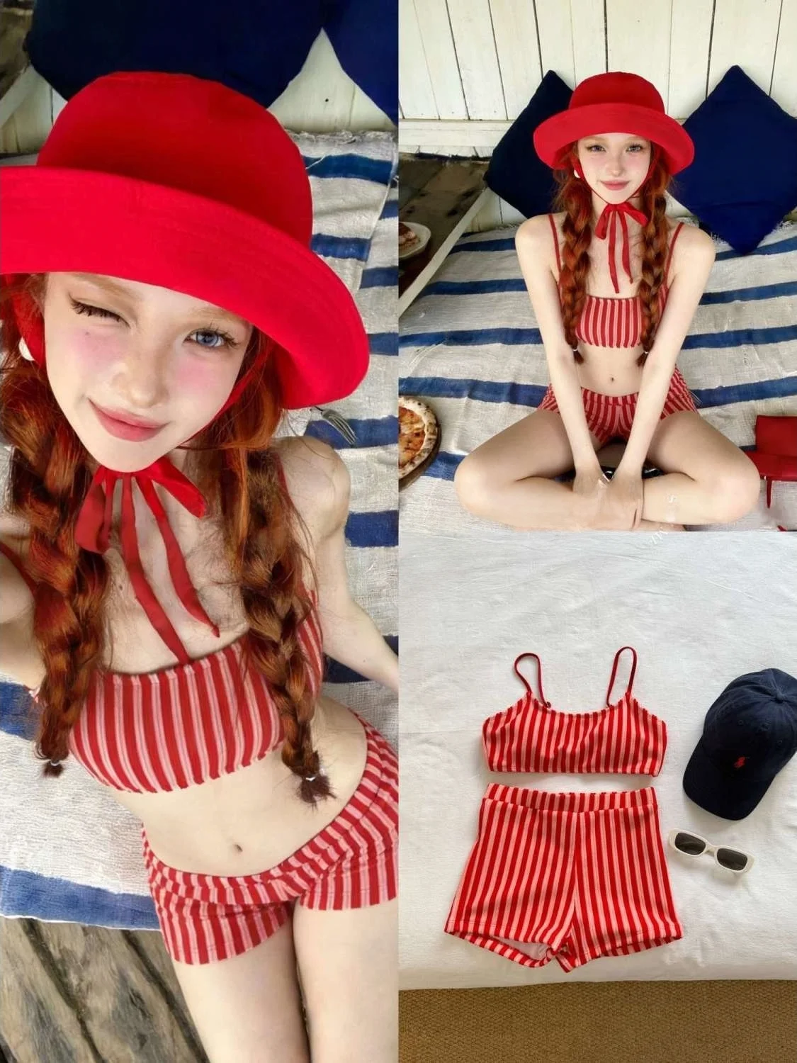 

Coralline Sea Red Stripe Bikini Summer Style Cover up Slimming Sexy Vacation Swimsuit Two Piece Swimwear Polyester Material